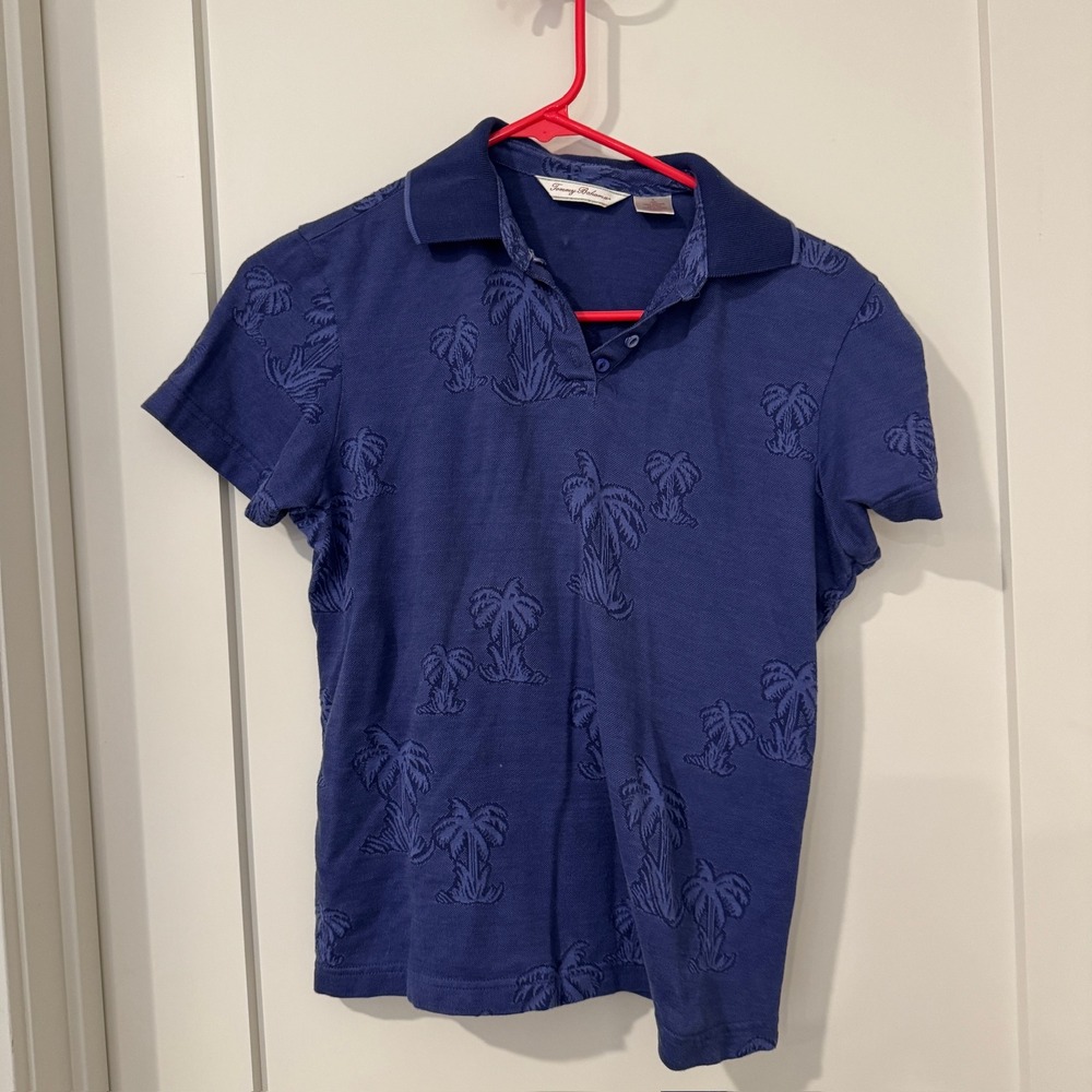 Tommy Bahama Womens Blue Supima Cotton Palm Tree Jacquard Polo Shirt TW2422 S